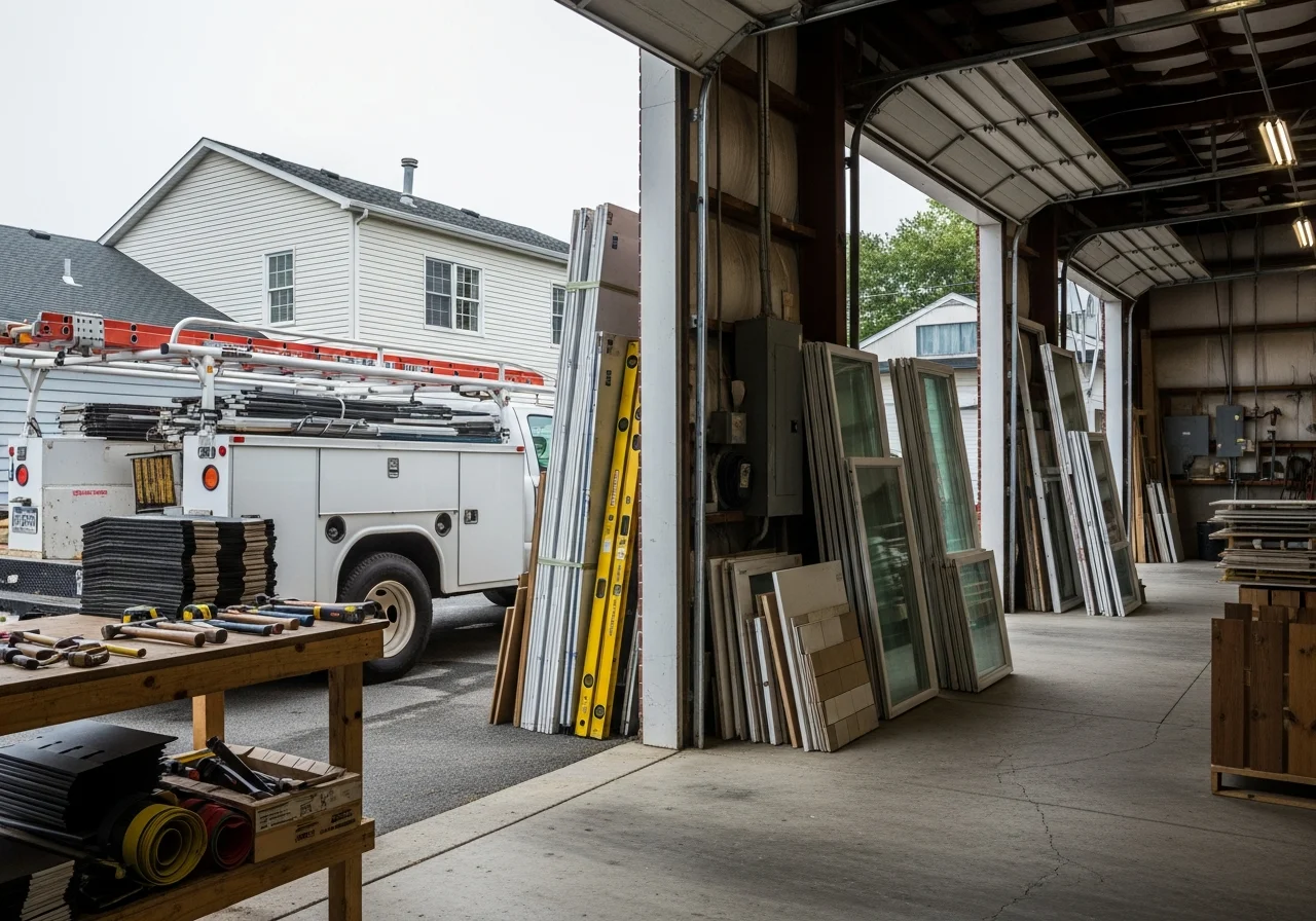 Remodeling crew with tools and equipment ready for residential home exterior and interior renovation projects.