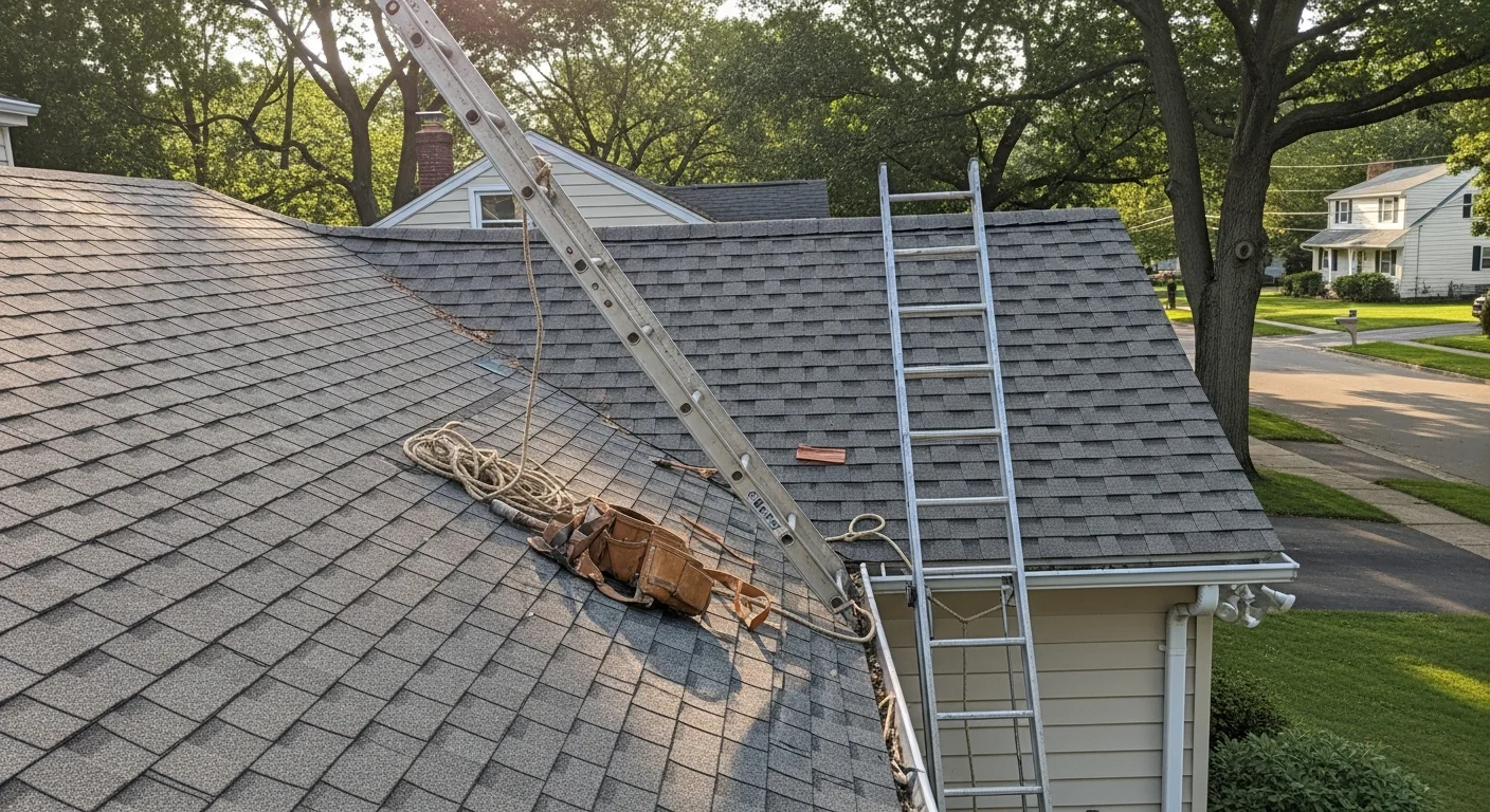 Roofing contractor installing new roof on residential home