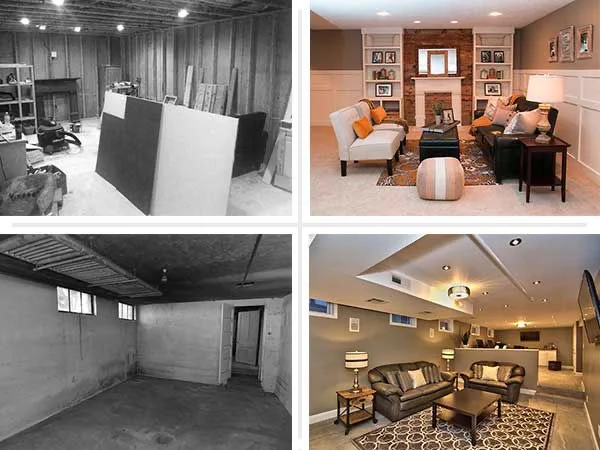 Before and after basement renovation showing transformation from bare concrete to finished living space with furniture and lighting
