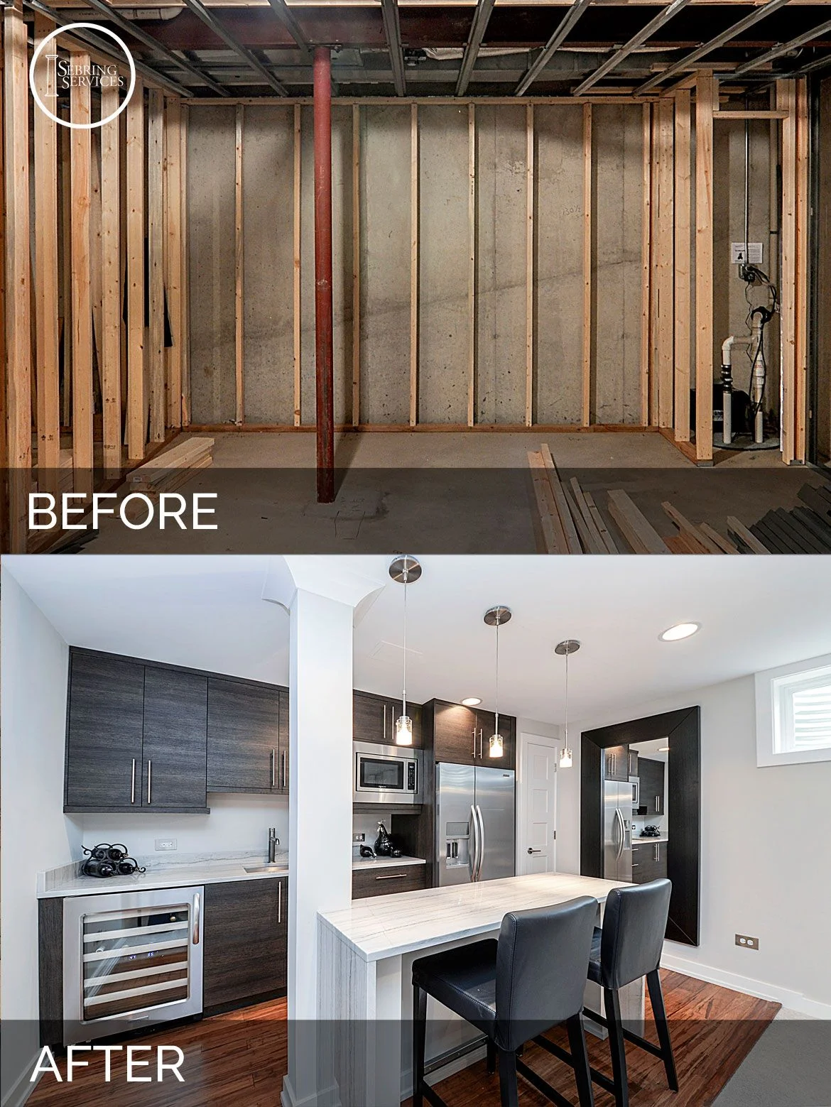 Before and after kitchen renovation showing framed walls converted to finished modern kitchen with dark cabinetry and island