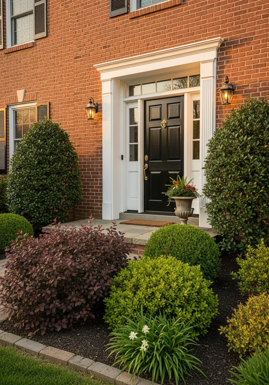 Close-up of a Bethpage home's front entrance and landscaping showing typical property maintenance.