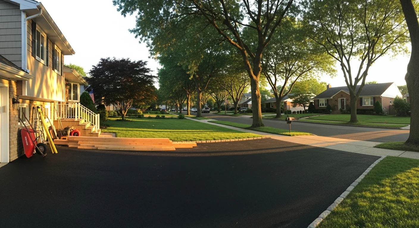 Residential street in Bethpage with tree-lined sidewalks and single-family homes typical of the area.
