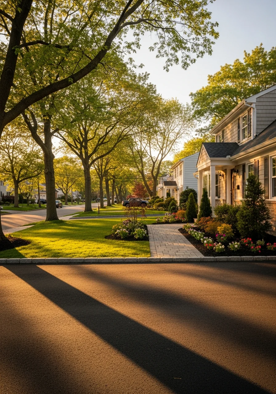 Residential homes in Farmingdale with well-maintained yards and upscale neighborhood character