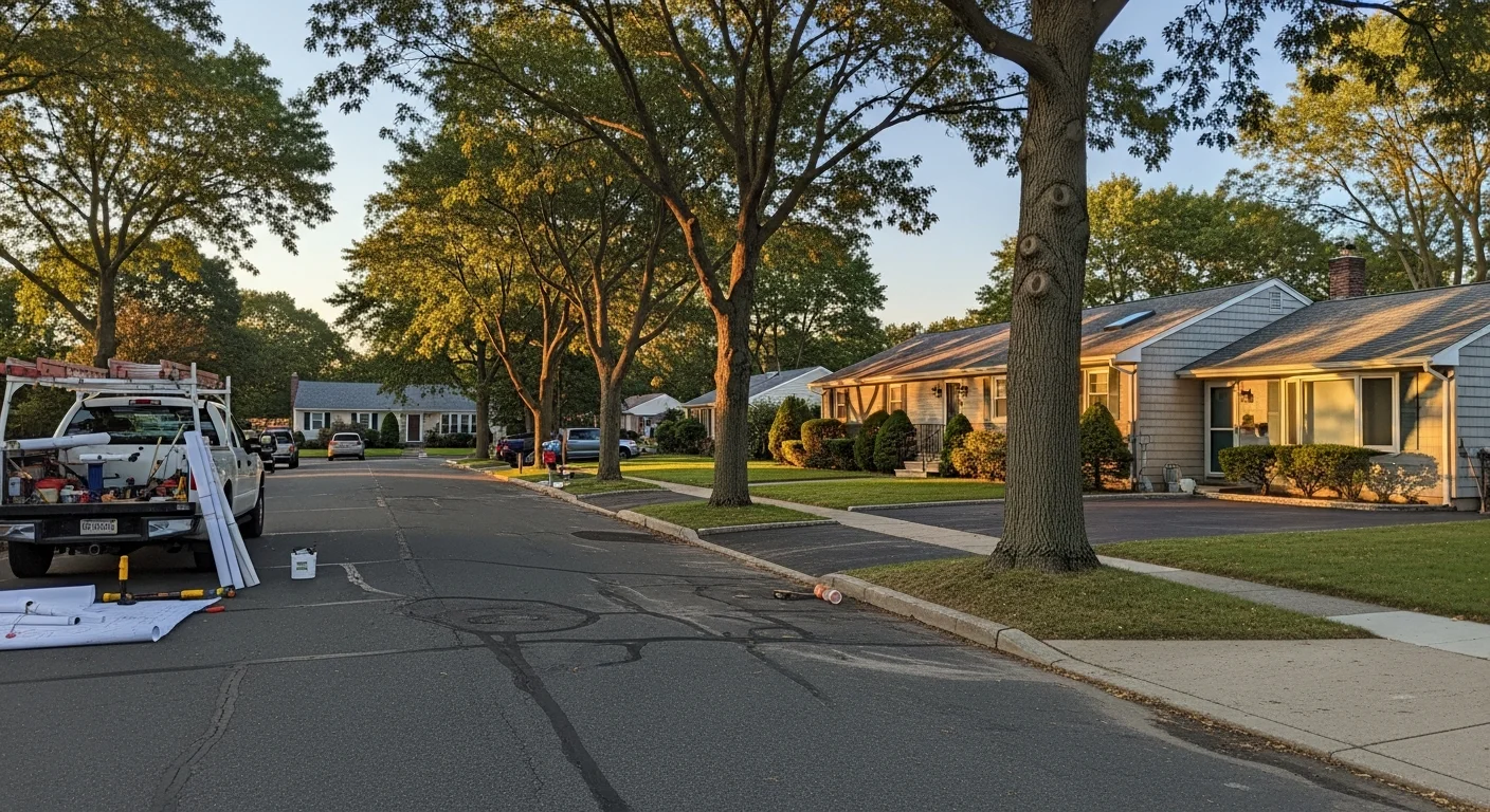 Lindenhurst NY residential street with established homes and mature trees on South Shore Long Island