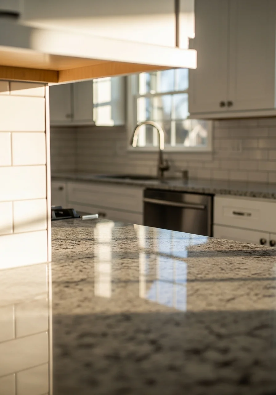 Modern kitchen remodel with granite countertops and stainless steel appliances in Nesconset home