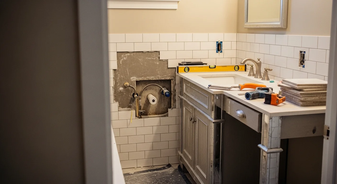 Remodeled bathroom interior in a Bethpage, NY home featuring a walk-in shower with floor-to-ceiling tile, a wall-mounted vanity, and updated lighting. The finished space reflects a full gut renovation completed by USA Remodeling Inc. in a mid-century Nassau County residence.