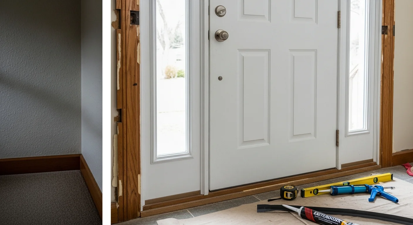 A newly installed exterior entry door on a ranch-style single-family home in Bethpage, New York, with clean trim work and fitted weatherstripping visible around the frame. The door is shown closed and flush against a well-maintained front entry.