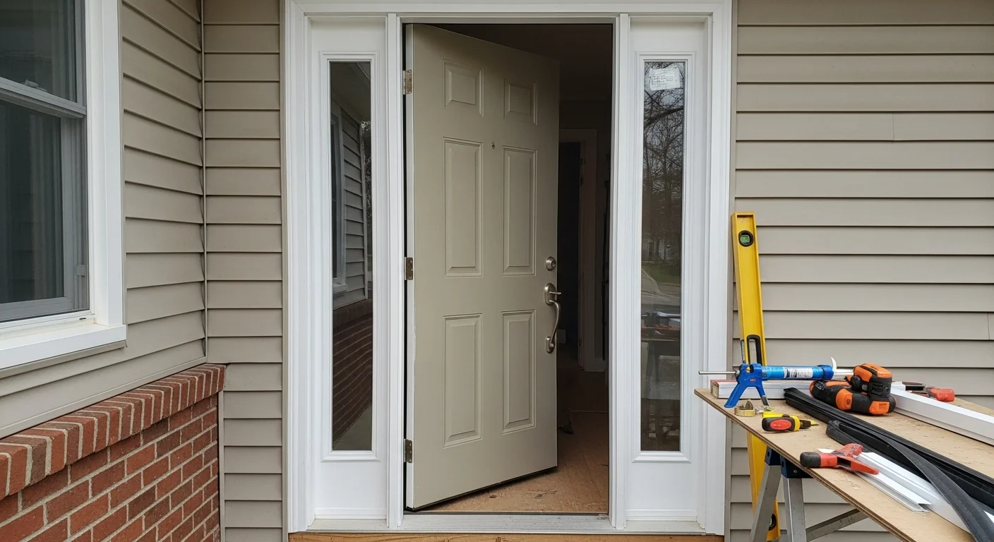 A newly installed exterior entry door on a single-family ranch-style home in Bethpage, New York, with a clean frame, tight weatherstripping, and updated hardware visible from the front walkway. The surrounding trim is freshly fitted and free of gaps, showing a complete door replacement by USA Remodeling Inc.