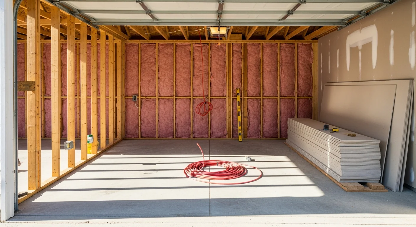 A finished garage conversion interior in a Bethpage, NY single-family home, showing a carpeted room with recessed lighting, drywall walls, and a window where the garage door opening once was. The space is set up as a home office with a desk and built-in shelving.
