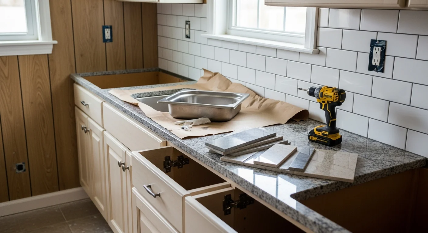 Remodeled kitchen interior in a Bethpage, New York single-family home, showing new cabinetry, updated countertops, and recessed lighting. The layout reflects a practical renovation typical of older Long Island homes updated by USA Remodeling Inc.
