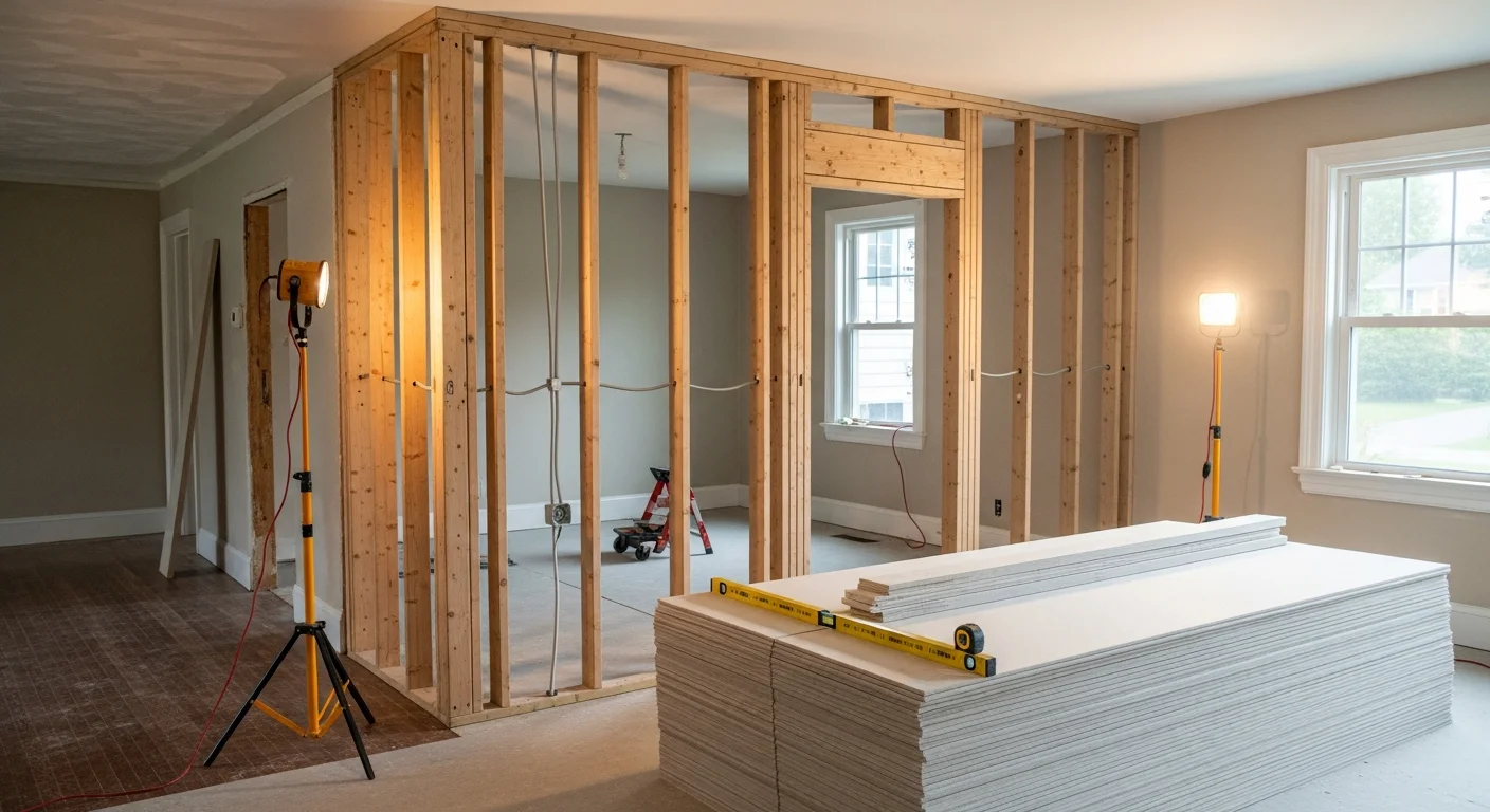 Interior view of a completed mother-daughter apartment conversion in a Bethpage, NY single-family home, showing a compact kitchen and separate living area with a private entry door. The finished space reflects a clean, functional layout typical of mid-century Long Island home renovations.