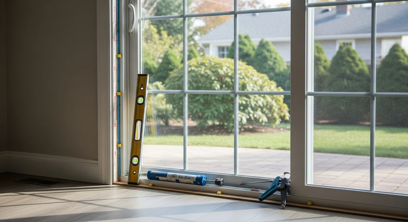 A newly installed sliding patio door on the rear of a mid-century single-family home in Bethpage, New York, with a clean frame, clear insulated glass panels, and a view of a residential backyard.