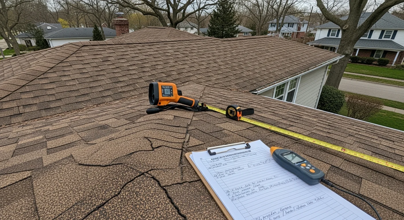 A USA Remodeling Inc. roofing contractor inspecting the shingles and flashing on a mid-century single-family home in Bethpage, New York. The inspector documents findings on a clipboard while standing on the pitched roof under clear daylight.