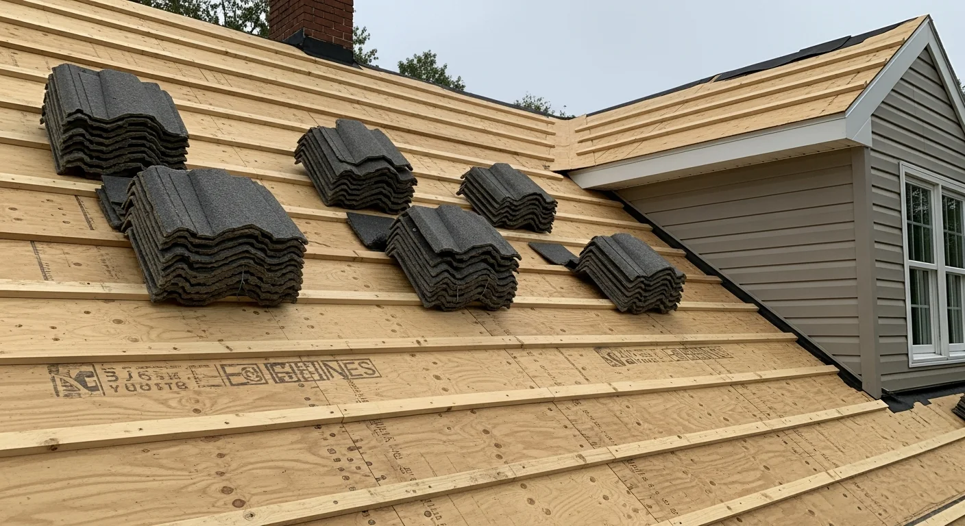 A newly installed roof on a mid-century single-family home in Bethpage, NY, with clean ridge lines and uniform shingle courses visible against a clear sky. A roofing crew works on the slope in the background, with material staged on the driveway below.