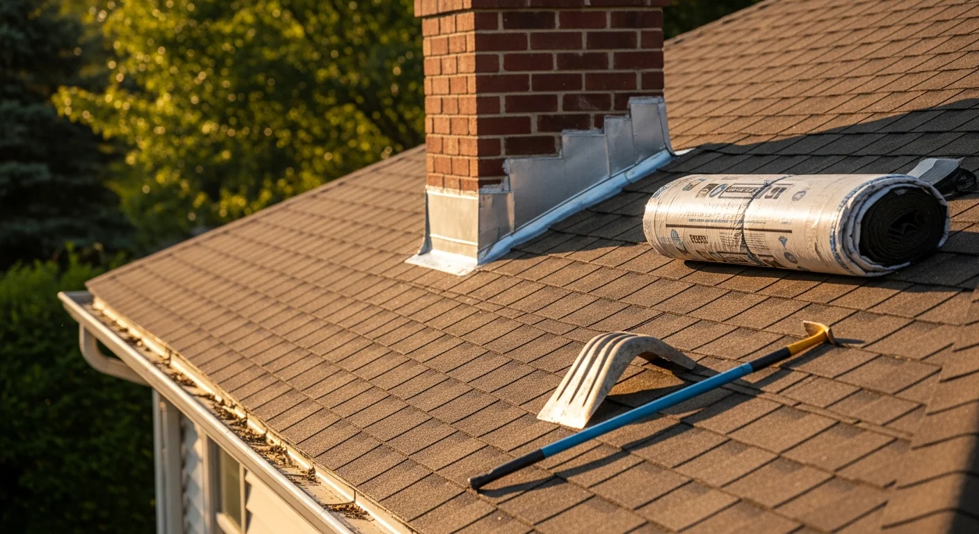 A roofing contractor repairing damaged shingles and flashing on a mid-century single-family home in Bethpage, New York. Close-up view shows replaced shingles and sealed flashing along the roofline against a clear sky.
