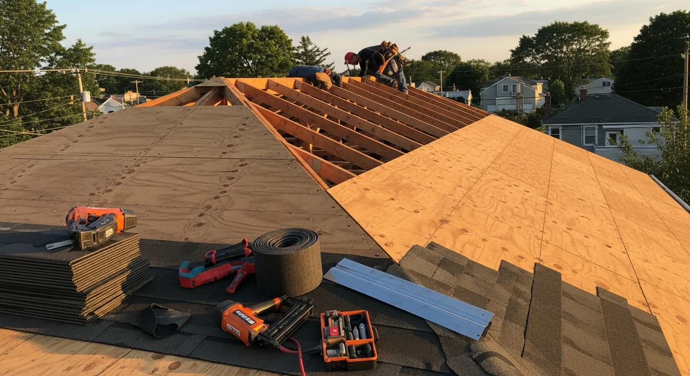 A completed roof replacement on a residential home in Bethpage, NY, showing new shingles, clean ridge lines, and finished flashing around the chimney. The home sits in a typical Nassau County neighborhood with mature trees visible in the background.