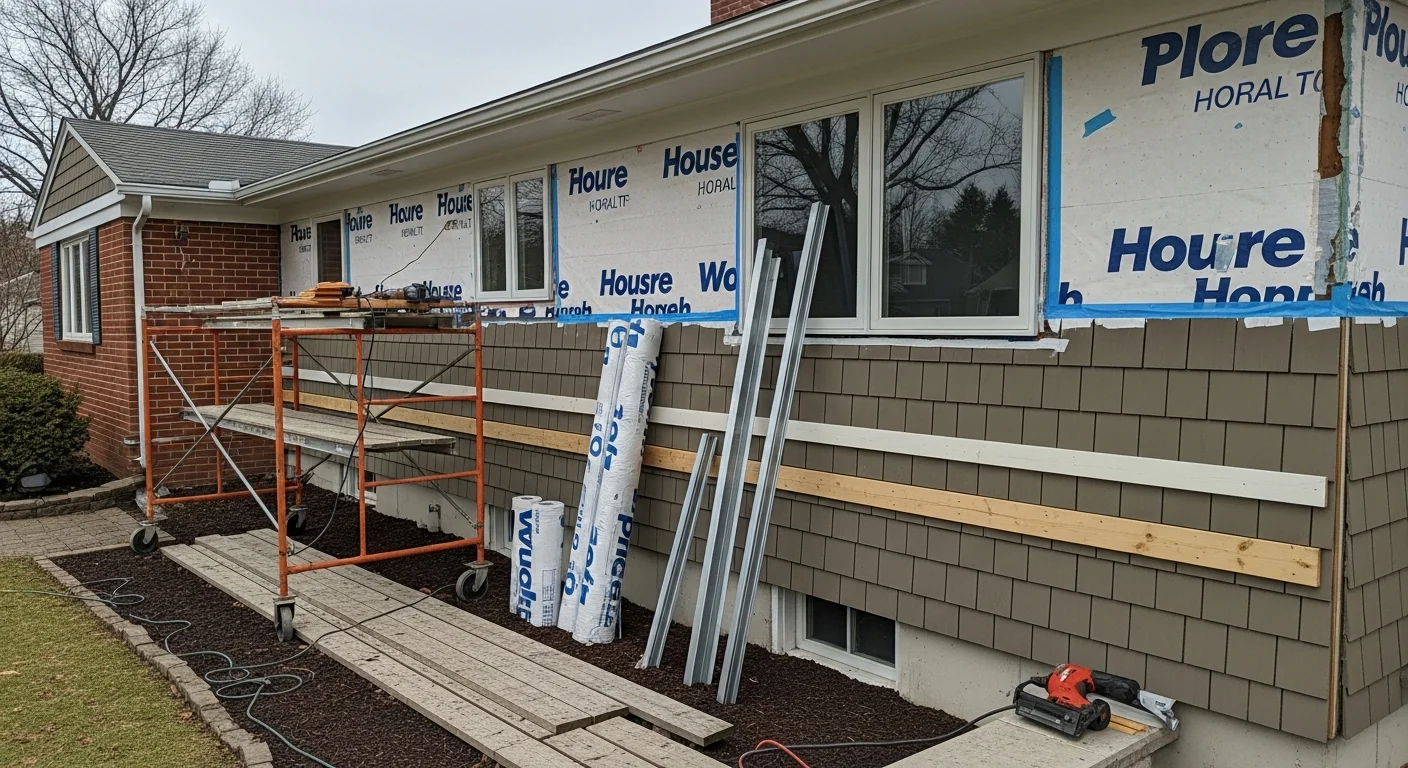 A newly sided two-story colonial home in Bethpage, NY with clean panel lines and updated trim visible from the front yard. The exterior shows fresh siding installed flush to the roofline with no visible gaps or seams at the corners.