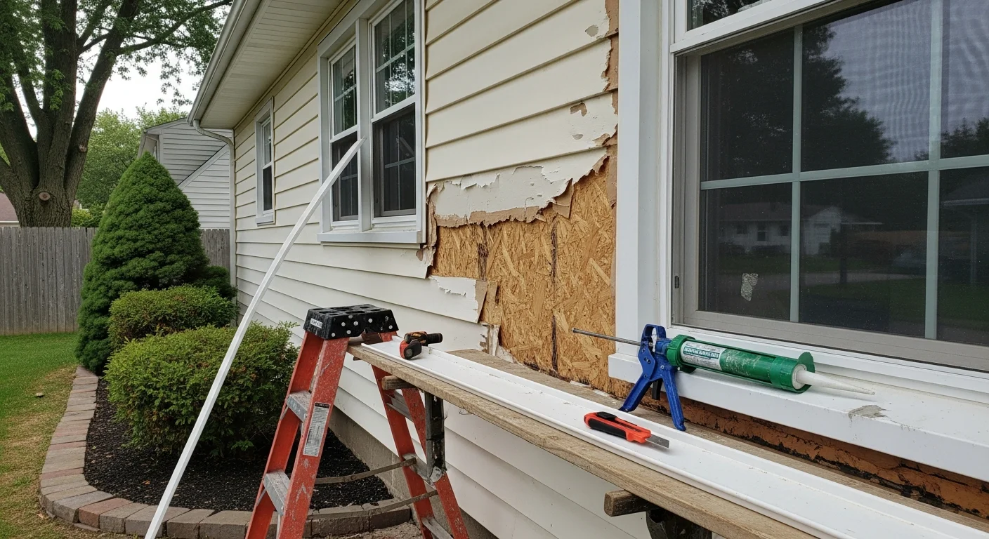 A Bethpage, NY home exterior showing freshly repaired siding panels along the front wall, with clean seams and restored sections blending into the surrounding original siding. A USA Remodeling Inc. crew member inspects the finished repair from ground level.