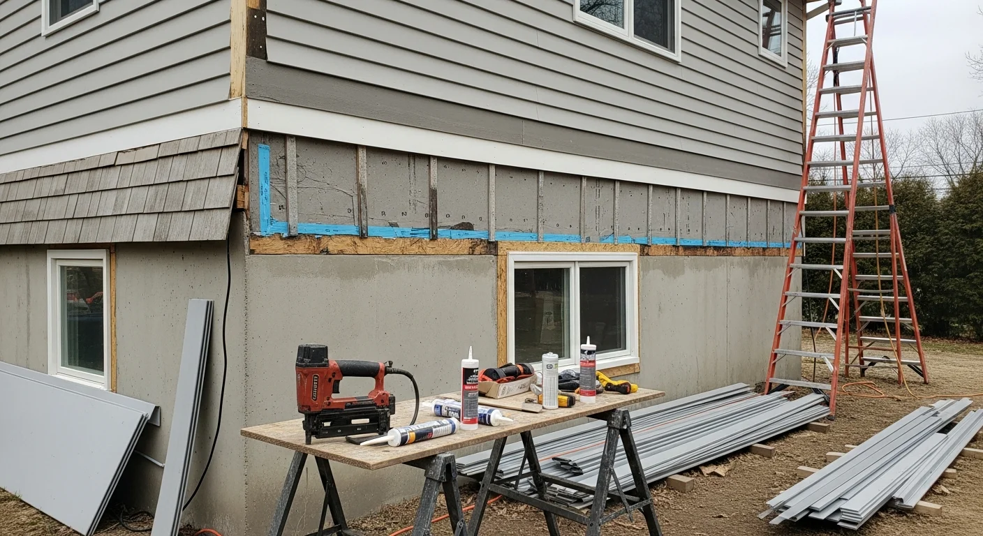 Freshly installed exterior siding on a mid-century Cape Cod home in Bethpage, New York, with clean trim lines and new corner wraps visible along the front facade. The completed replacement shows uniform panel alignment and sealed window surrounds on a residential street.