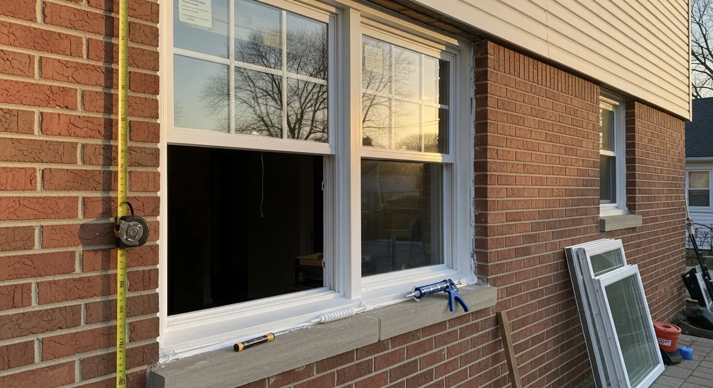 A Bethpage colonial-style home with newly installed double-hung windows, showing clean white frames and tight perimeter seals on the street-facing facade. The installation replaces visibly aged single-pane windows on a mid-20th-century Long Island home.