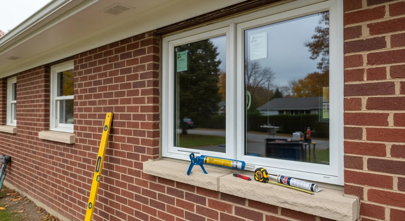 A newly installed double-hung replacement window on the exterior of a mid-century single-family home in Bethpage, New York, with clean frame lines and no visible gaps or caulk buildup. The surrounding siding is intact and the window sits flush with the exterior wall.